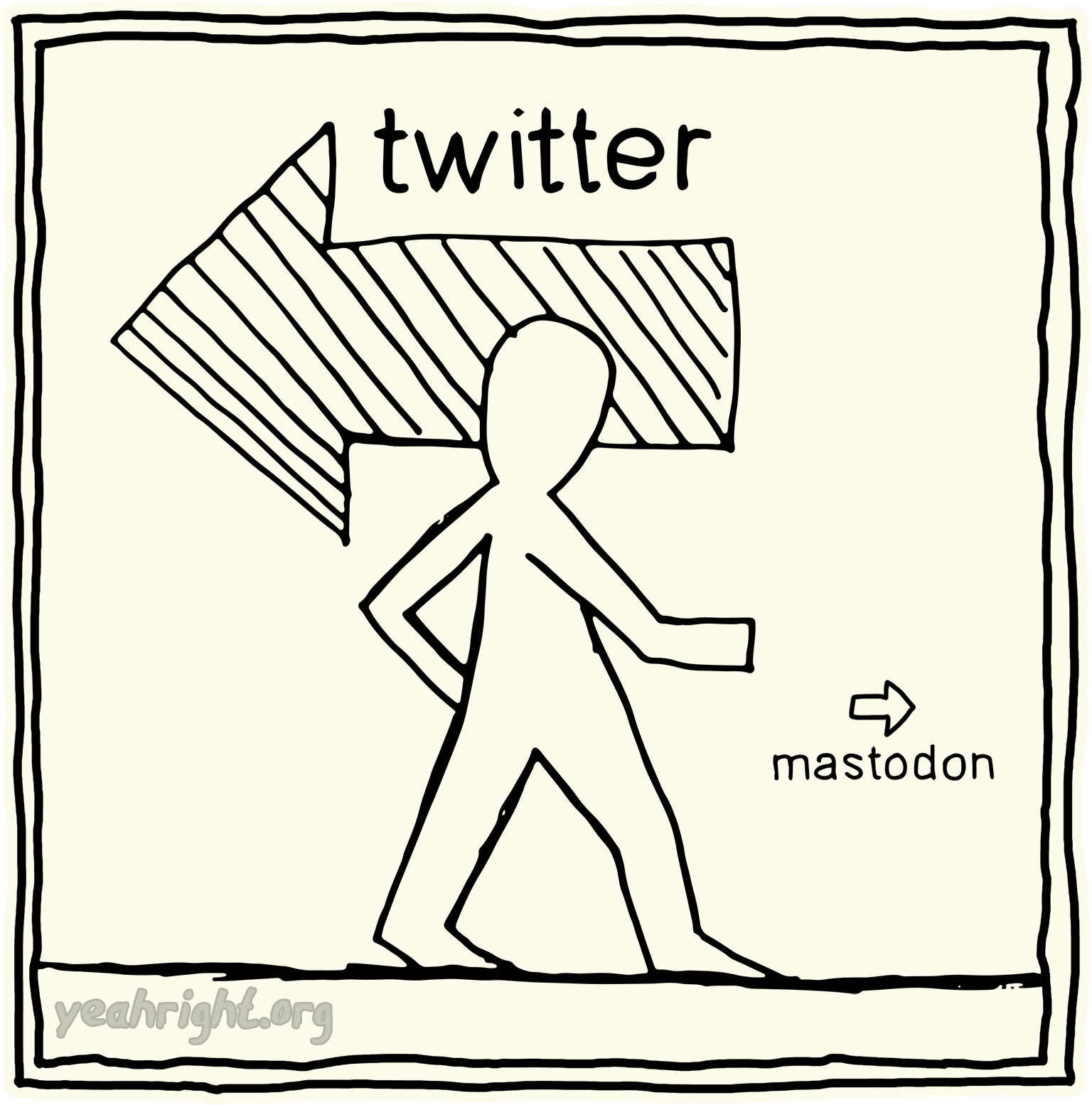 A big arrow pointing to the left, to twitter. A small arrow (and lower to the ground is pointing to the right, to mastodon)
Yeah Right! (the cartoon character) walking self-confident to the right.